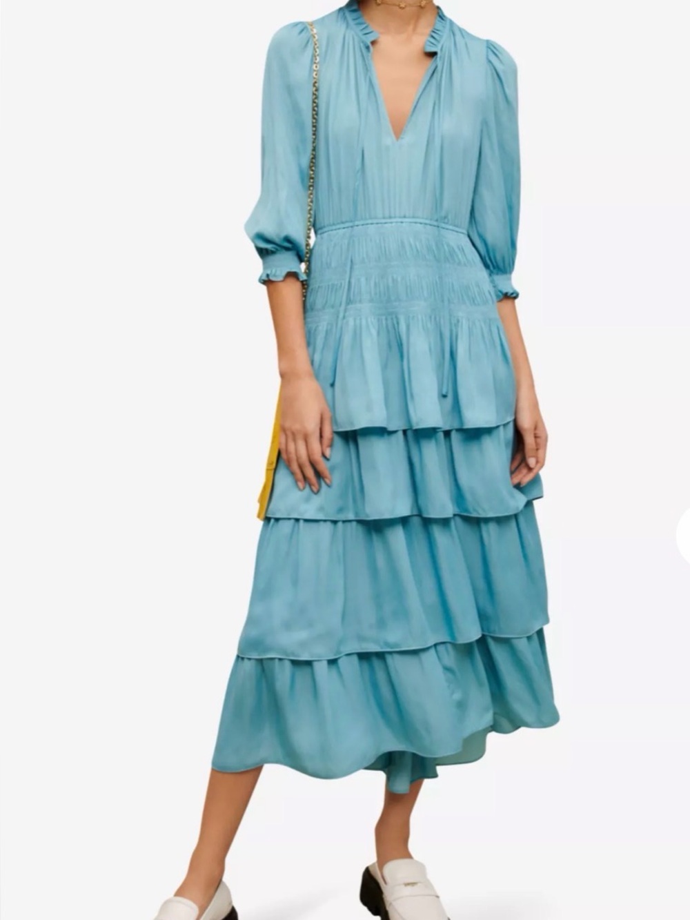 Maje Light Blue Tiered V-Neck Midi Dress